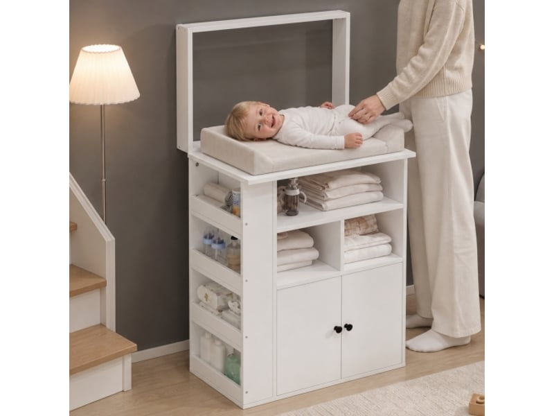  Commode à langer 2 en 1, 82x50x100 cm, meuble à langer avec rangements, mdf, blanc, sans matelas à langer  - Conforama B