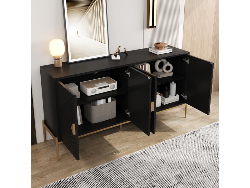  Buffet moderne 162x40x80 cm, design portes géométriques, pieds métal, mdf et panneau de particules, noir, rangement  - Conforama D