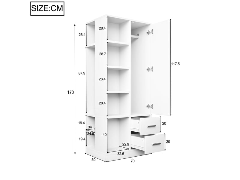  Armoire 1 porte avec 2 tiroirs et 2 tringles 70x50x170 cm blanc  - Conforama C