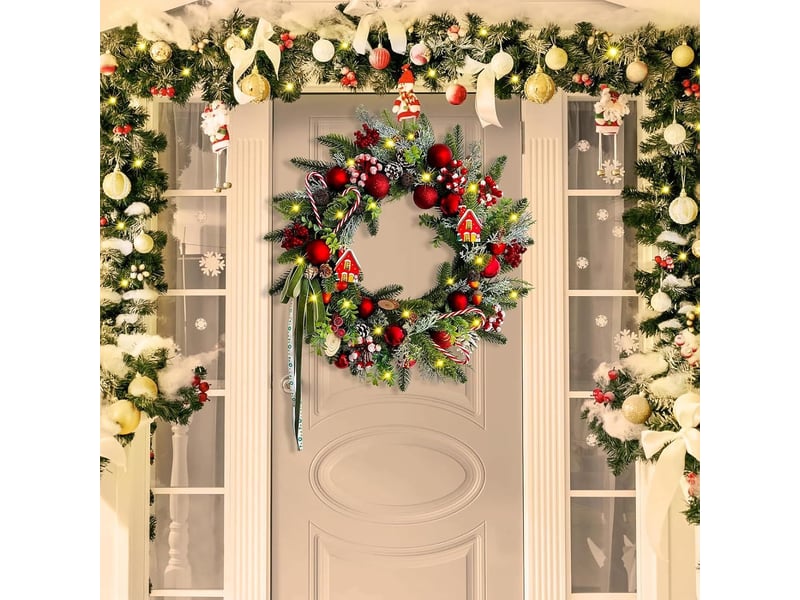  Couronne de noël lumineuse 50 cm, guirlande verte avec cannes en sucre, pommes de pin, baies et nœuds  - Conforama D