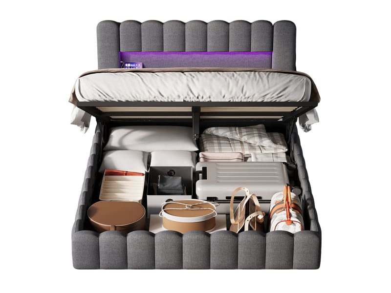  Lit coffre capitonné 160x200 cm, lit 2 places avec sommier, led et usb, rangement et tête de lit, lit adulte en lin, gris  - Conforama A