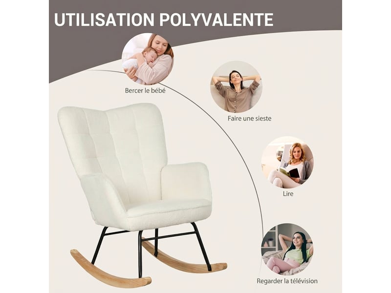 Fauteuil à bascule blanc et fauteuil de relaxation pour salon, tissu aspect polaire berbère, pieds en bois, 120 kg max - Conforama W