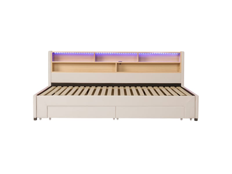 Lit de jourcanapé-lit capitonné, avec 2 tiroirs de rangement, 90 x 200 cm, extensible jusqu'à 180 cm, avec port usb et éclairage led, velours beige  - Conforama E
