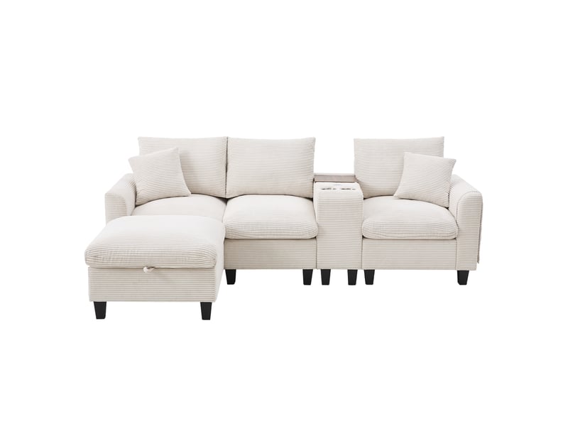  Canapé d'angle en velours côtelé beige 4 places - modulable avec port usb et pouf de rangement  - Conforama A