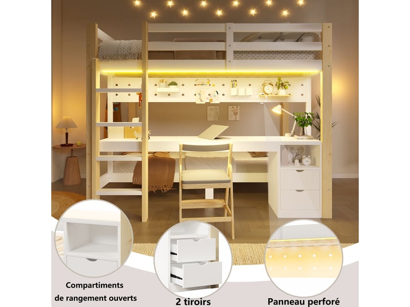  Lit mezzanine avec bureau 90 x 200 cm rangement à tiroirs structure en pin éclairage led support à panneaux perforés format  - Conforama E