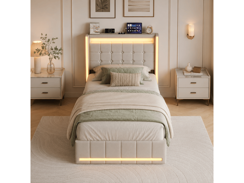  Lit coffre 90x200cm avec led, lit simple, lit rembourré hydraulique avec ports de recharge usb et type-c, lit capitonné avec sommier à lattes, beige  - Conforama D