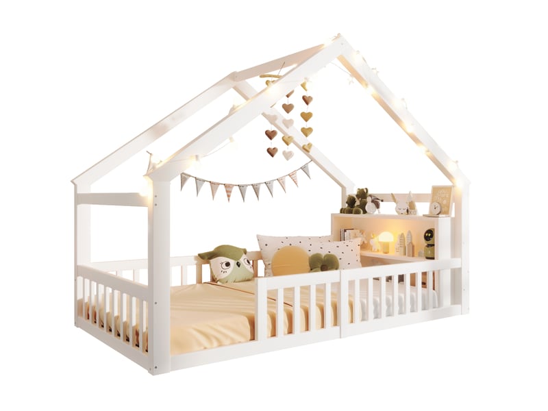  Lit enfant 90 x 190 cm maison avec led, étagères et barrières de sécurité, blanc  - Conforama A