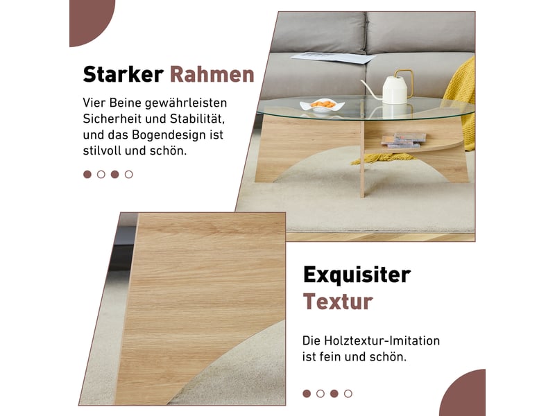  Table basse ovale avec plateau en verre sécurisé et étagère - lpospi - structure en mdf, transparent bois clair  - Conforama E