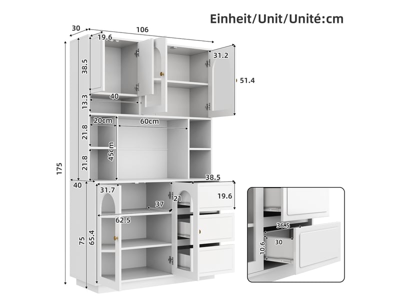  Buffet haut de cuisine 106 x 30 x 175 cm, mdf blanc, led réglable par application  - Conforama C