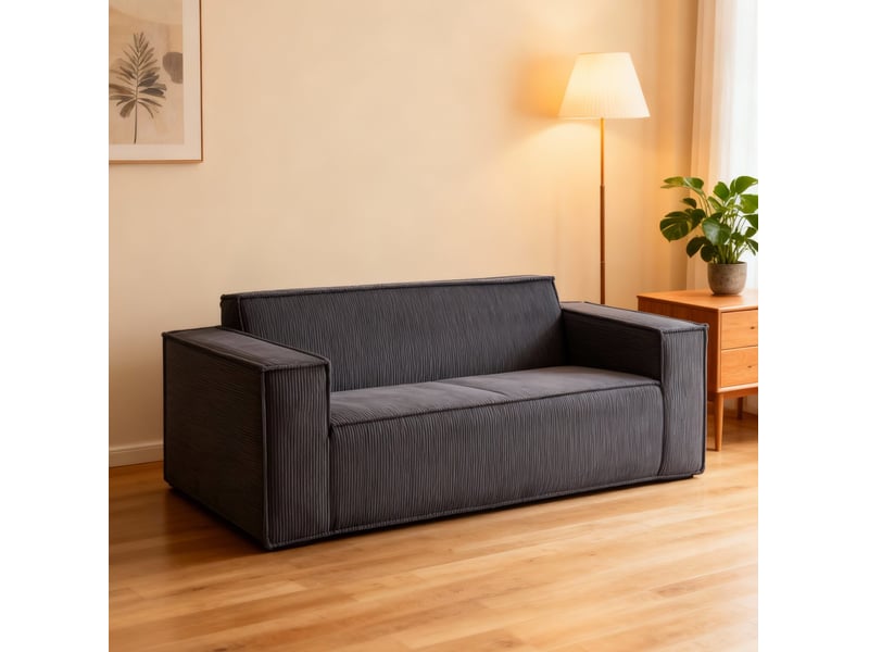  Canapé droit 2 pl 178x86x70 cm, assise généreuse, sans montage, meuble salon et meuble bureau, revêtement velours côtelé gris  - Conforama D