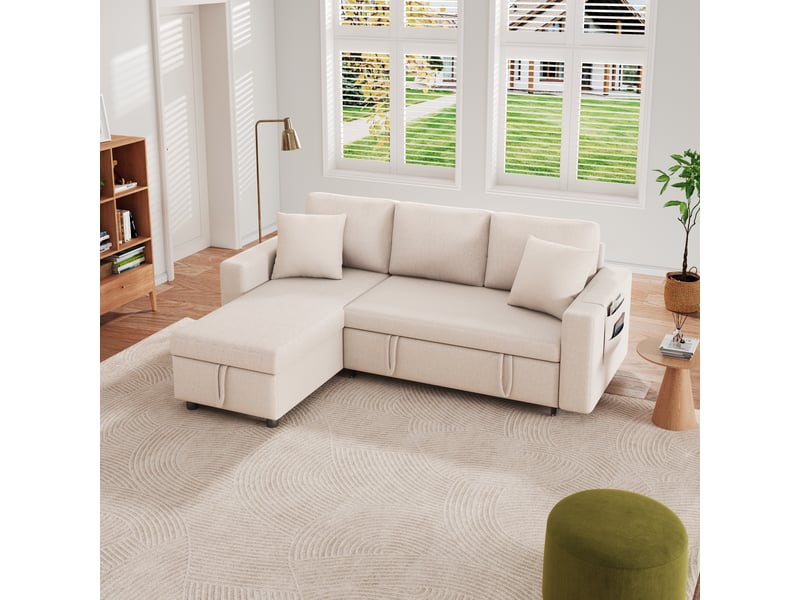 Canapé d'angle convertible 3-4 places en tissu effet lin beige avec coffre et méridienne réversible - Conforama W