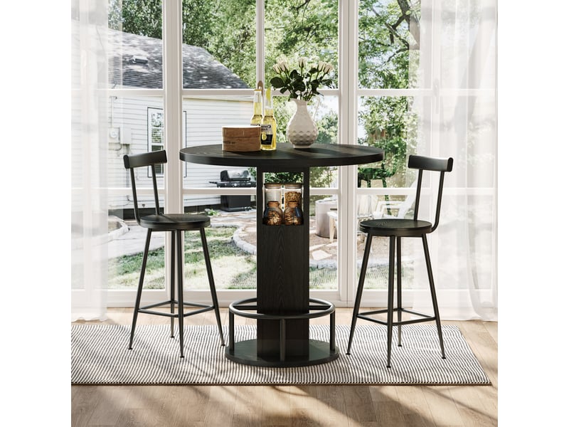  Ensemble table haute et deux tabourets, table de bar ronde noire de 80 cm avec rangement et repose-pieds en métal  - Conforama E
