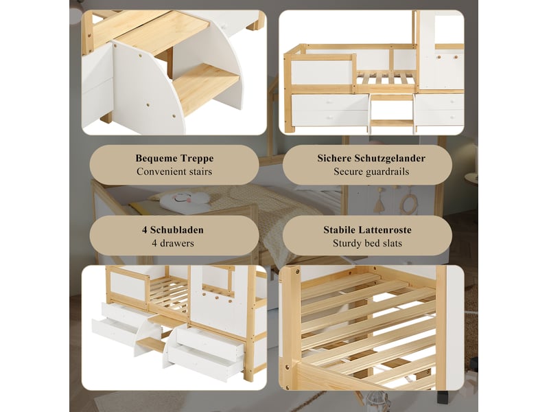  Lit cabane enfant 90x200 cm – blanc et naturel – 4 tiroirs de rangement, escalier 2 marches, sans matelas  - Conforama E
