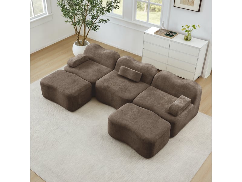 Canapé d'angle modulable en u sans armature avec assise profonde et pouf, en velours brun - Conforama D