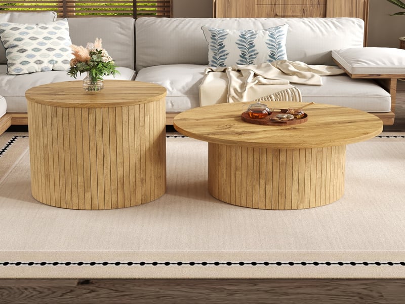  Table basse ronde double et table de salon en bois naturel, design scandinave avec rangement, 75x75x36 cm et 50x50x50 cm.  - Conforama C