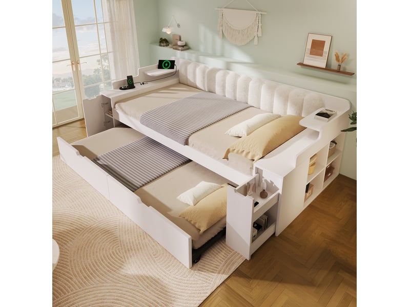  Lit gigogne 90x200 cm blanc avec rangement, chargeurs usb et dossier sherpa  - Conforama E