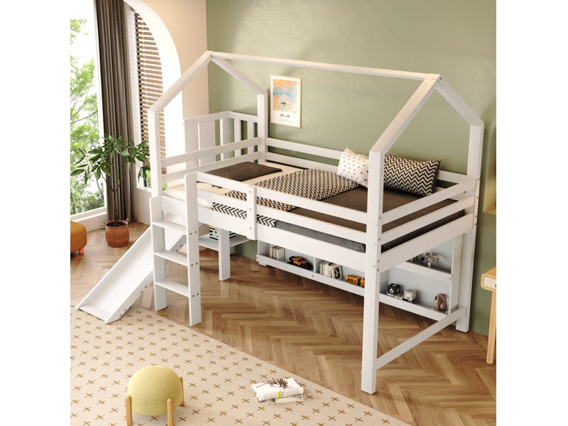 Lit enfant cabane 90x200 cm, toboggan, escalier, rangements, sommier à lattes, bois et mdf blanc, sans matelas - Conforama B