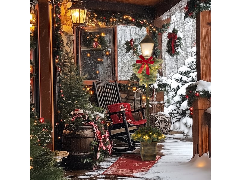  Lanterne de noël avec baies, pommes de pin et nœud, lumières led, tige en métal, 150 cm  - Conforama C