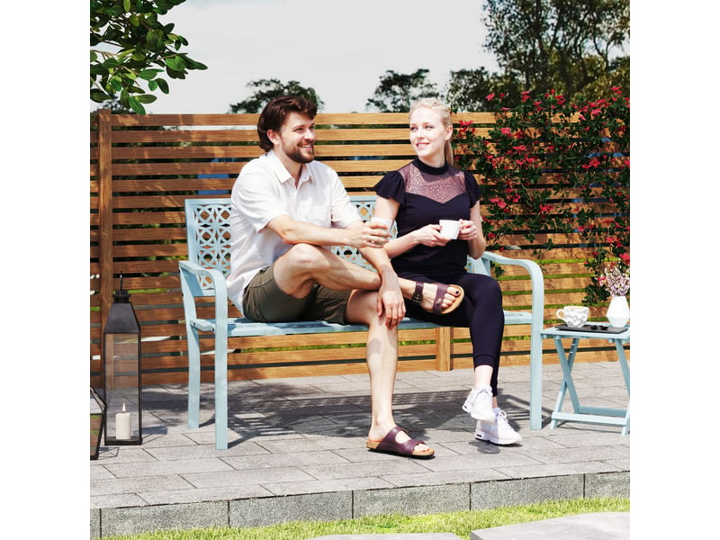 Banc d'extérieur, banc de jardin en acier, dossier ajouré, accoudoirs, pour 2 personnes, bleu - Conforama C