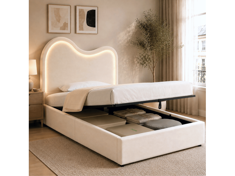 Lit enfant 90 × 200 cm coffre hydraulique avec sommier à lattes et tête de lit led en velours beige pour chambre - Conforama E