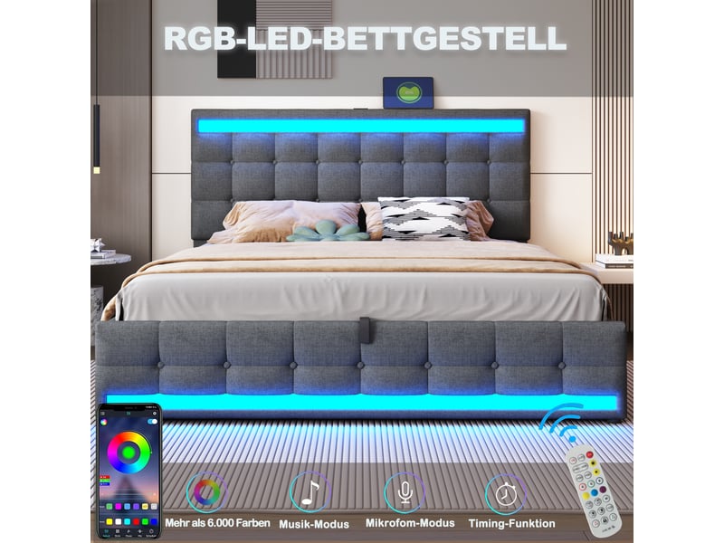  Lit capitonné 180x200 cm en lin gris, rangement hydraulique, led et usb, avec sommier  - Conforama C