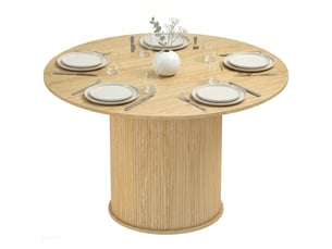 Table à manger ronde pour 5 personnes, ø 120 x 75 cm, table de cuisine avec base cylindrique cannelée, bois naturel