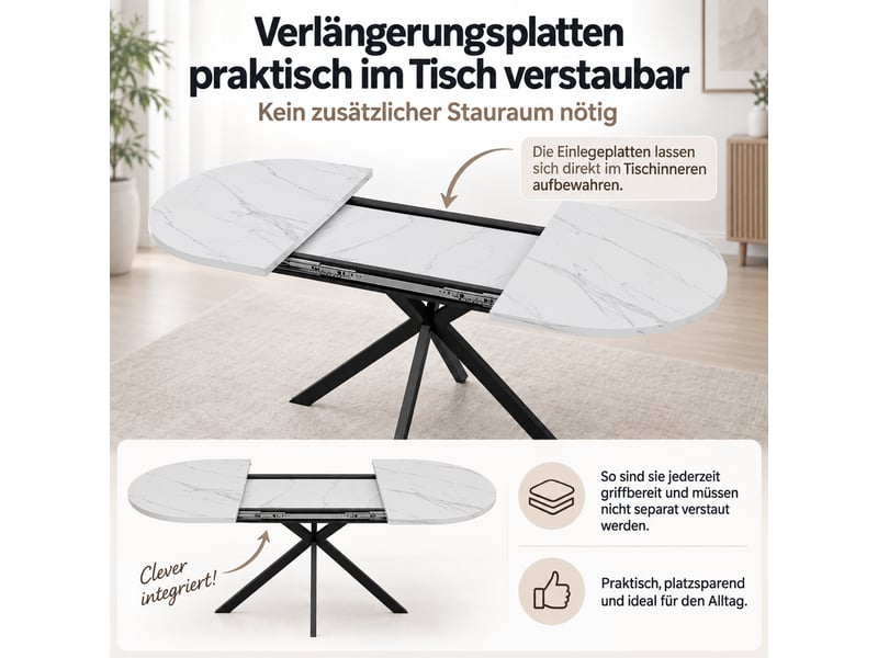 Table à manger extensible 120160x80x75 cm pour 4-6 personnes, plateau ovale effet marbre, pieds en métal, design moderne salle à manger - mdf-blanc - Conforama E