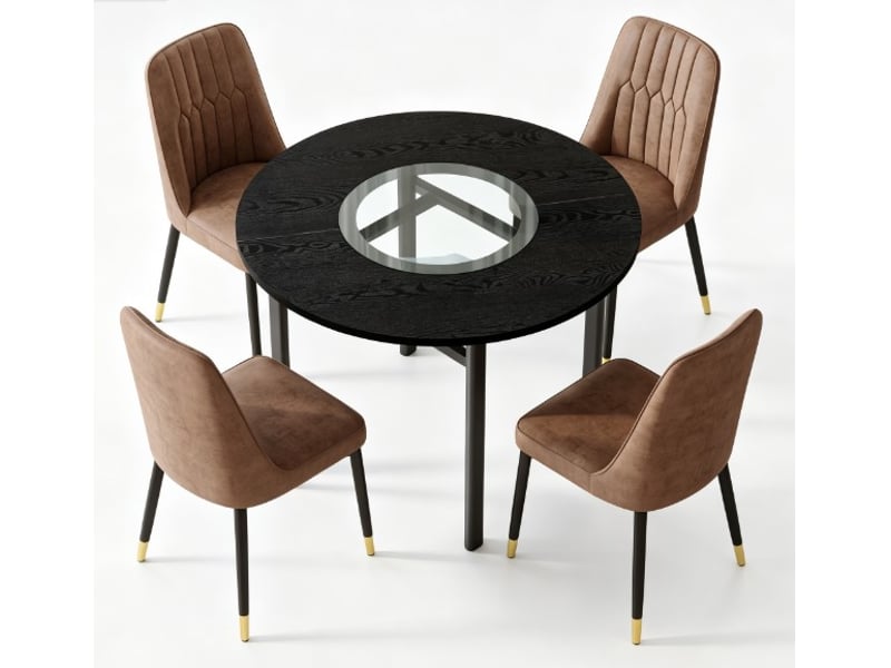 Ensemble table ronde 100x100 cm avec 4 fauteuils mdf métal marron et noir
