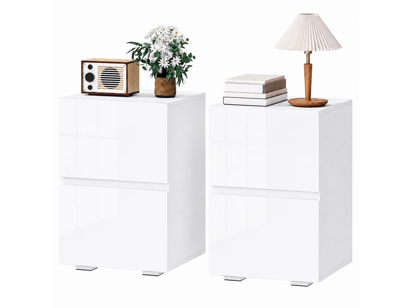  Lot de 2 tables de chevet, tables d'appoint avec 2 tiroirs, façades à haute brillance, plateau large, 40x40x58cm, blanc  - Conforama A