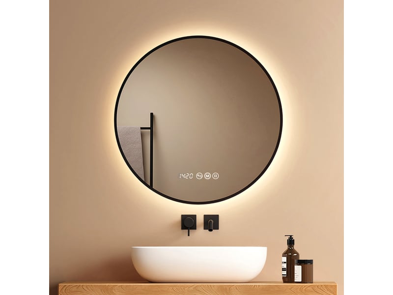 Emke miroir de salle de bain led rond 70x70 cm cadre noir, anti-buée, horloge, tactile, température de couleur et luminosité réglables - Conforama B