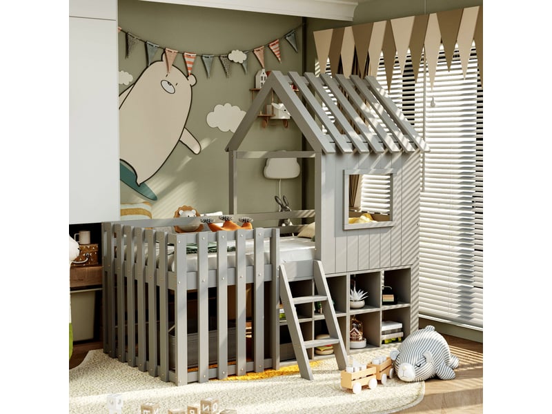  Lit avec rangement enfant 90x200 cm, étagère, toit, fenêtre, escalier, sommier, bois gris, sans matelas  - Conforama W
