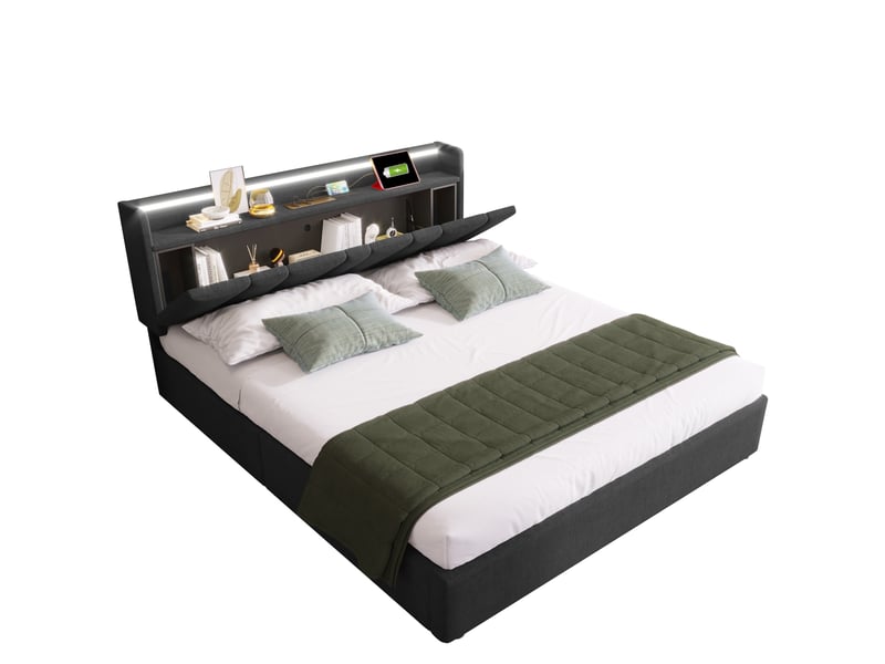  Lit coffre double,160x200 cm,avec led et usb,lin,gris  - Conforama A