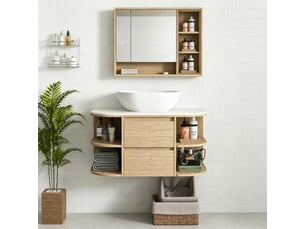 Meuble vasque suspendu 90 cm en mdf marron et blanc, 2 tiroirs