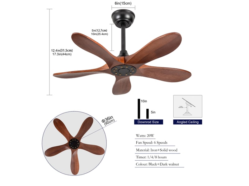 Ventilateur de plafond 90 cm sans éclairage 5 pales bois massif noyer et noir réversible 6 vitesses télécommande - Conforama E