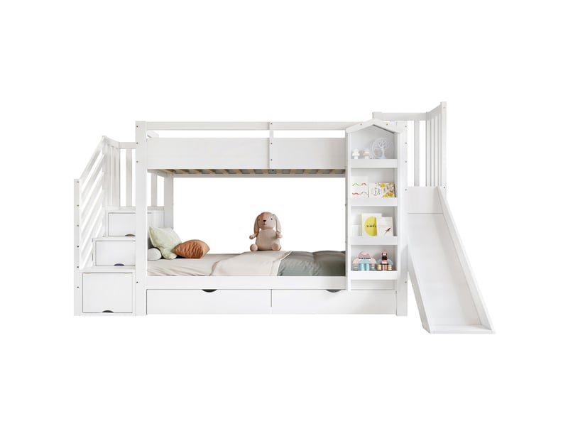 Lit superposé enfant 2 × 90 × 200 cm avec toboggan, escalier rangement et 2 tiroirs, blanc IKSETERA TRADING LTD - Conforama A