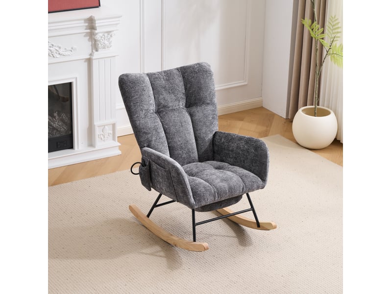  Fauteuil à bascule avec dossier ergonomique, coussins réglables et rangement latéral en chenille gris foncé  - Conforama C