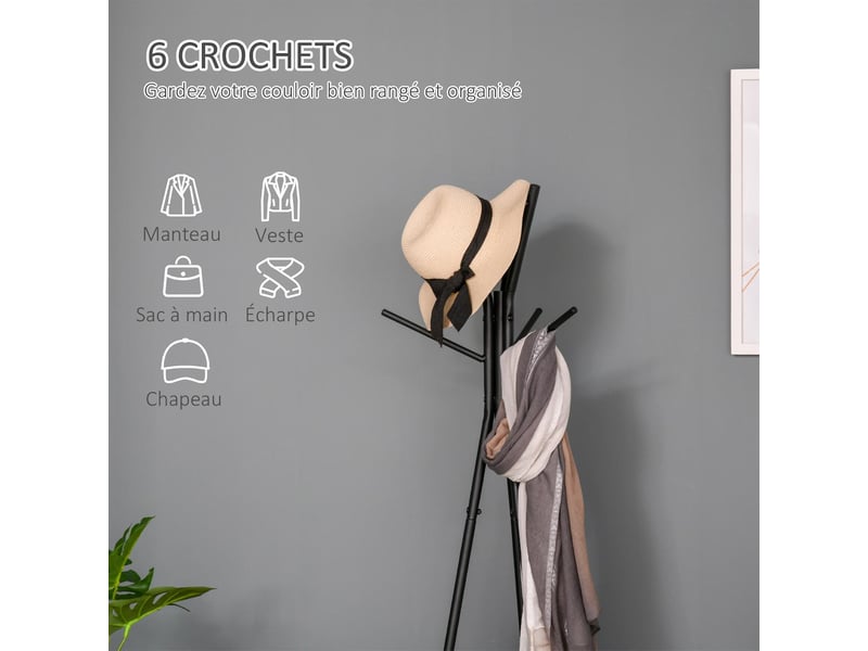  Porte-manteau trépied 6 patères 2 étagères en métal et panneau de particules  - Conforama D