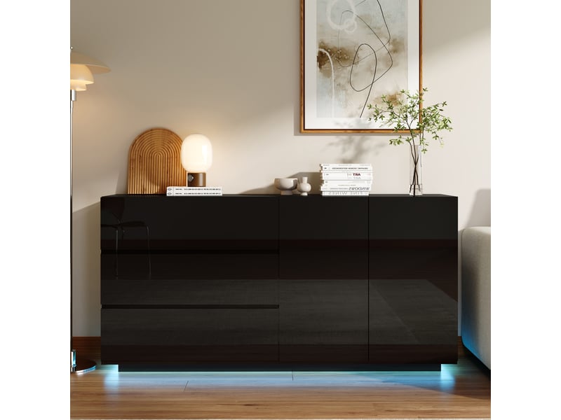  Buffet bas 2 portes 3 tiroirs - 160 x 35 x 76 cm-noir - enfilade design haute brillance avec éclairage led 7 couleurs et push-open  - Conforama D
