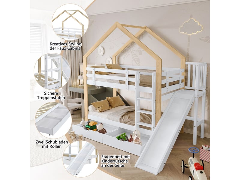  Lit superposé enfant 90x200, design cabane lit superposé cabane, toboggan, rangement, bois massif  - Conforama E