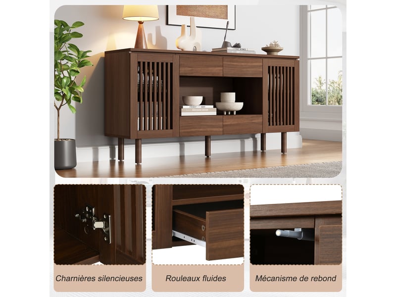  Buffet bas 140 x 35 x 71 cm effet noyer, 4 tiroirs, 2 portes à lattes ajourées et 5 pieds en bois massif, style scandinave, pour intérieur moderne  - Conforama E