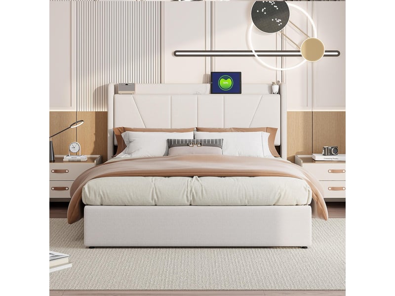  Lit coffre 160x200cm - lit double 160x200 - rembourré en lin avec tête de lit rangement et usbtype-c - beige  - Conforama B