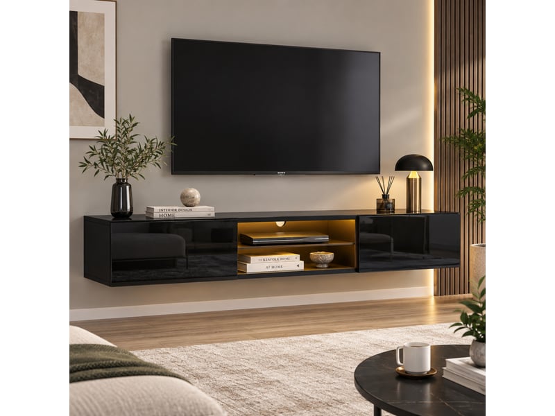  Meuble tv mural noir brillant avec led, 2 portes abattantes et rangement suspendu, pour tv jusqu’à 70 pouces  - Conforama E