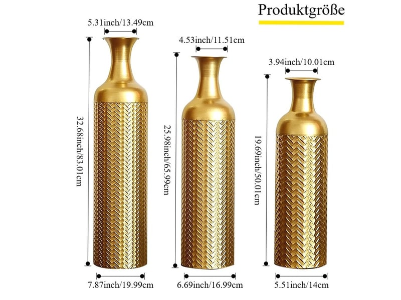  Vases de sol 3 pièces 50,0165,9983,01 cm motif structuré métal doré  - Conforama E