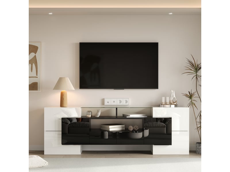  Meuble tv avec 6 portes, 2 tiroirs, 3 niches et led pour salon 200×35×60 cm blanc et noir  - Conforama B