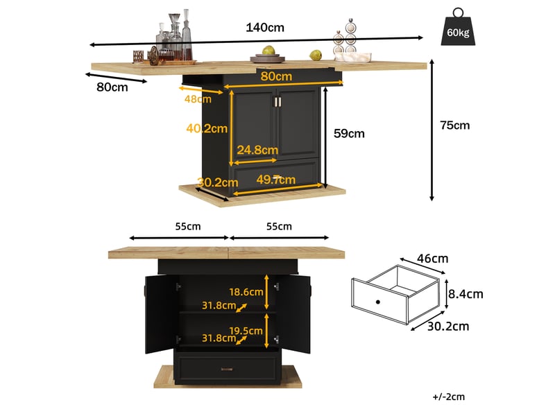  Table à manger extensible,110x80x75 cm,avec rangement,mdf,coloris bois naturel et noir  - Conforama C