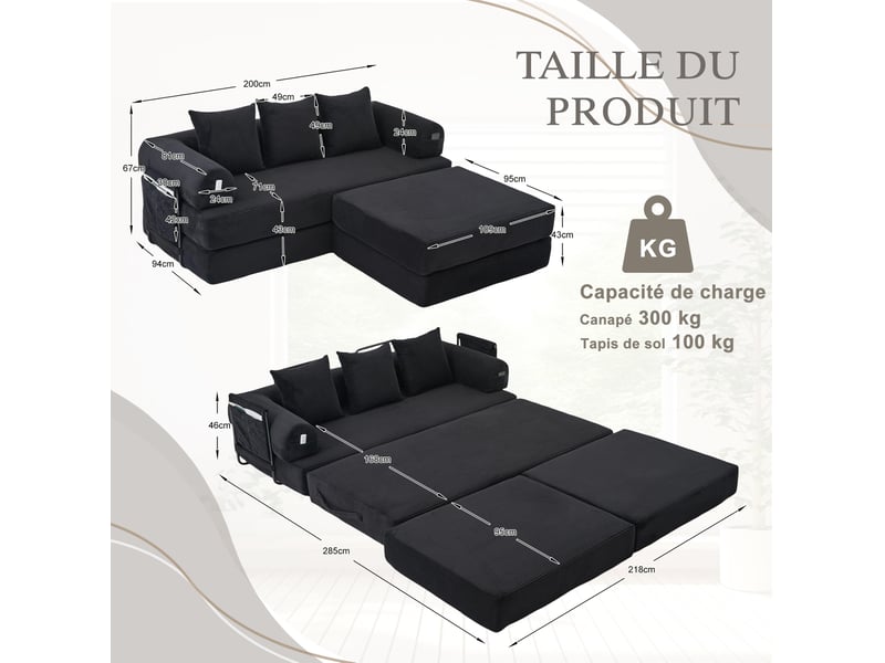  Canapé modulable 3 places en velours côtelé noir avec pouf et 3 coussins  - Conforama E