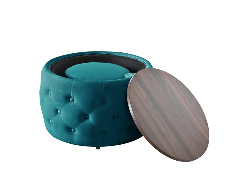  Lot de 2 poufs gigognes en velours, bleu, rangement et plateau bois 4-en-1  - Conforama E
