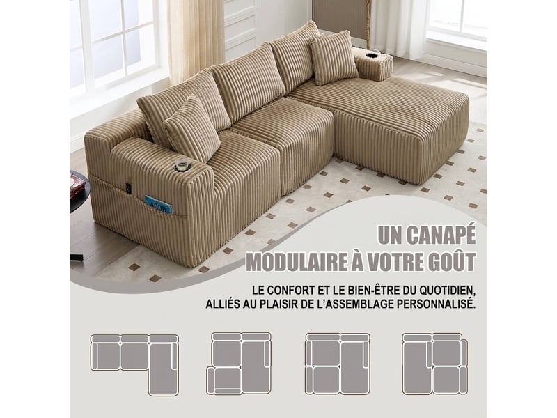  Canapé modulaire avec méridienne 3 places en velours côtelé 257 x 160 cm avec poches et coussins  - Conforama W