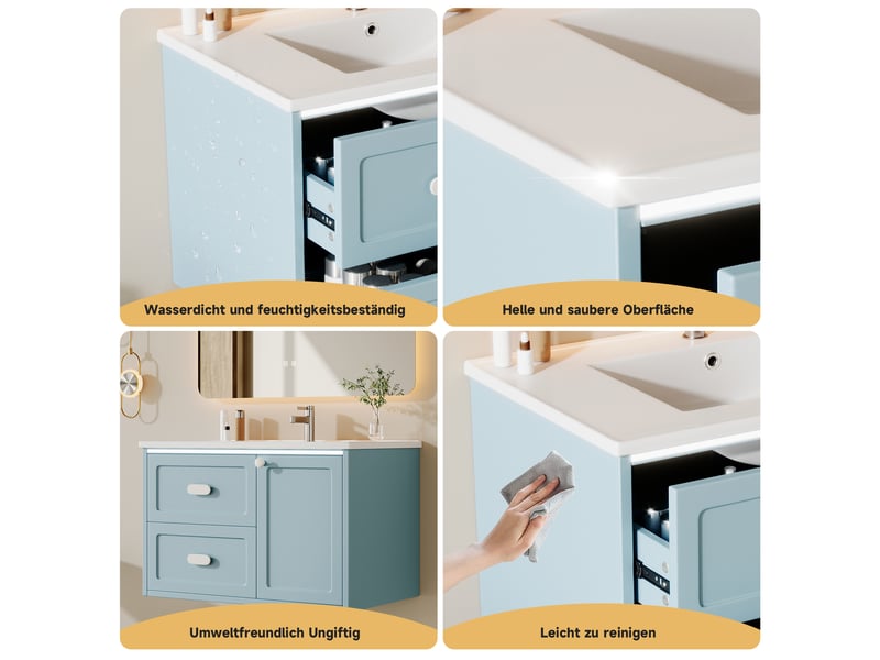 Meuble vasque suspendu avec led à détecteur et 2 tiroirs - lpospi - vasque intégrée en céramique mdf bleu 76 × 46 × 51 cm  - Conforama E