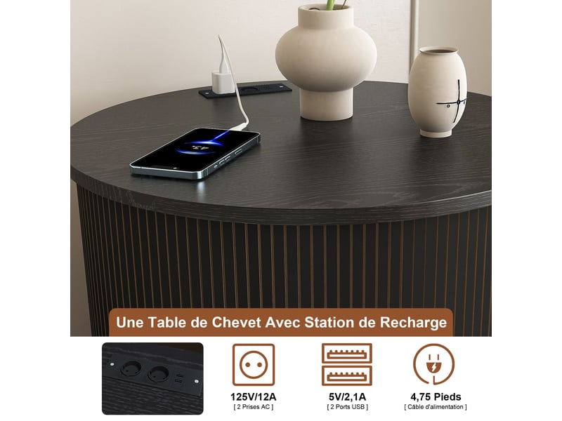  Meuble nuit rond 60x60x60 cm, table de chevet compacte avec tiroir intégré et prise électrique, design mid-century  - Conforama W